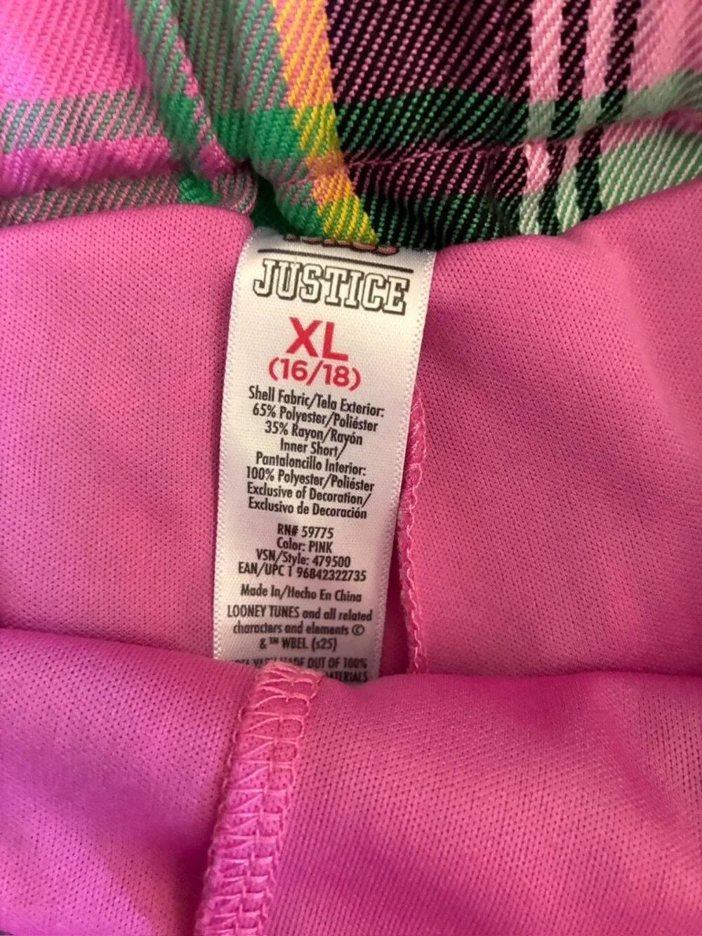 Justice x Looney Tunes Girls Pink Plaid Pleated Skort XL 16/18